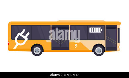 A flat vector illustration of a modern yellow electric bus with charging symbols, representing eco-friendly public transportation and sustainable urba Stock Vector
