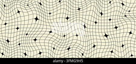 Y2k trippy sparkle wireframe background. Distorted grid mesh pattern with stars. Monochrome groovy twinkle and checkered wallpaper. Vector geometric nostalgic aesthetic checkerboard tile texture Stock Vector