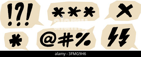 Handdrawn angry speech bubble set. Sketched curse and swear word sign collection. Crayon drawn negative grumpy harsh expression doodle. Vector mean comic text box symbol for hate or rude censorship Stock Vector