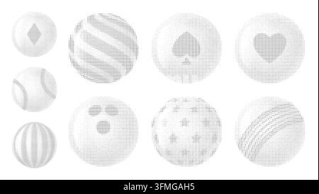 Pixel art sports balls, a collection of halftone spheres featuring various patterns like a heart and spade. Ideal for gaming or digital design. Vector Stock Vector