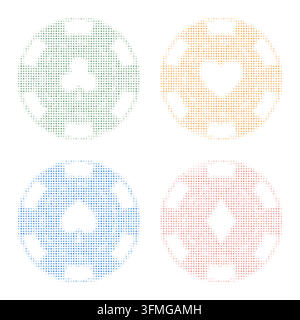 Pixel art poker chips set with playing card suits. These modern, futuristic chips feature a unique halftone dotted pattern and bold colors. Stock Vector