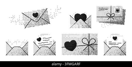 Pixel art love letters set with envelopes. This pixelated collection features dithered digital messages and hearts, conveying romance. Great for valen Stock Vector