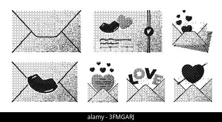 Pixel art envelope and love letters collection. This bitmap set features dithered grayscale messages, lips, and hearts, perfect for romantic communica Stock Vector