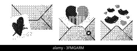 Pixel art love letters and envelopes set. This monochrome bitmap collection displays dithered romantic hearts, messages, and communication. Vector ill Stock Vector