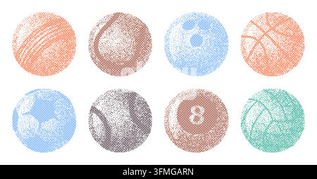 Sports balls set presented in a pixel art style. This collection features a unique dithered texture and retro color palette, perfect for game design. Stock Vector