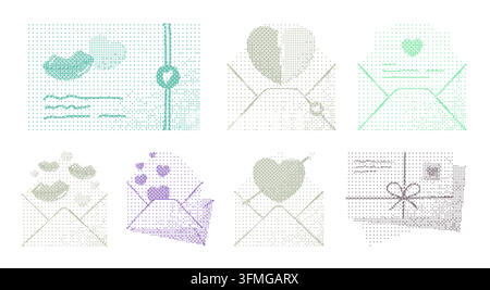 Pixel art love letters and envelopes collection. This bitmap set features dithered romantic messages and hearts in soft colors. Perfect for valentine Stock Vector