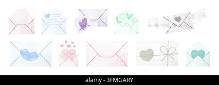 Pixel art love letters and envelopes collection. This bitmap set features dithered love messages with hearts in a low resolution style. Flat vector il Stock Vector