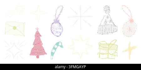 Christmas and New Year pixel art set. This is a festive collection of retro dithered holiday graphics, perfect for digital designs. Vector illustratio Stock Vector
