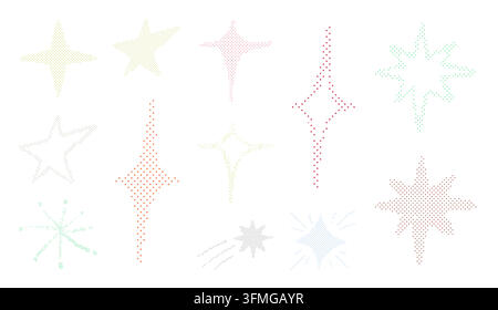 Halftone star and sparkle shapes set. These pixelated graphic elements with dithered effects offer a digital glitch aesthetic. Vector illustration. Stock Vector