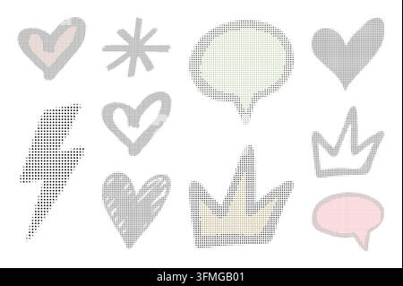 Dithered pixel art icons set. This graphic collection features abstract symbols in a halftone dot style. Perfect for retro design projects. Vector ill Stock Vector