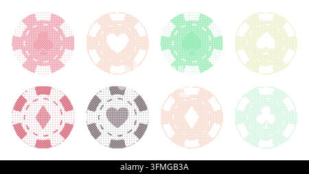 Pixel art casino chips with playing card suit symbols. This bitmap set features casino chips in a gaming and gambling context. It has a retro aestheti Stock Vector