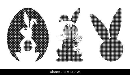 Pixel art Easter elements collection with dithered bunny and egg shapes. This monochrome bitmap set offers a unique retro aesthetic. Flat vector illus Stock Vector
