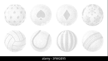 Pixel sports balls set and playful spherical objects. This dithered graphic bundle features various designs like playing card suits and seasonal symbo Stock Vector