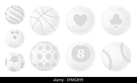 Sports balls and playing card suit spheres set in a modern pixel art style. This collection is great for design projects. Flat vector illustration. Stock Vector