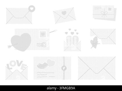 Pixel art love letters and envelopes set. This monochrome collection features dithered romantic hearts, messages, and communication. Vector illustrati Stock Vector