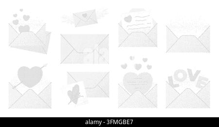Pixel art love letters and envelopes set. This dithered bitmap collection features romantic messages for online expression. Flat vector illustration. Stock Vector