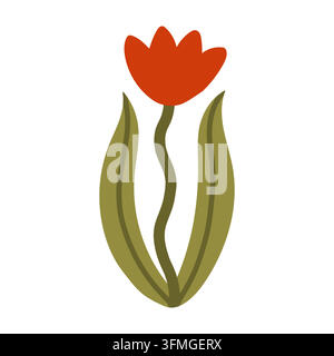 Naive Scandinavian flat vector clipart of a single red tulip bloom with long green leaves. Perfect for modern floral logos, seamless patterns Stock Vector