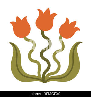 Scandinavian style vector clipart featuring three red tulip flowers with curved stems and leaves. Ideal for spring greetings, autumn patterns Stock Vector