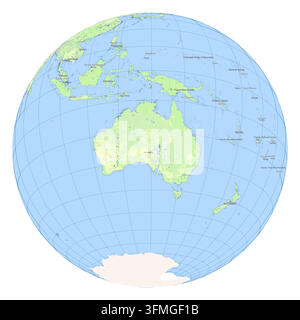 3D globe map poster centered on Australia, New Zealand, Oceania, and the Pacific Ocean. Features physical terrain, geographical grid lines Stock Vector