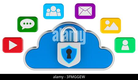 Secure cloud storage with padlock and digital content icons. 3D rendering isolated on white background - Photomontage Stock Photo