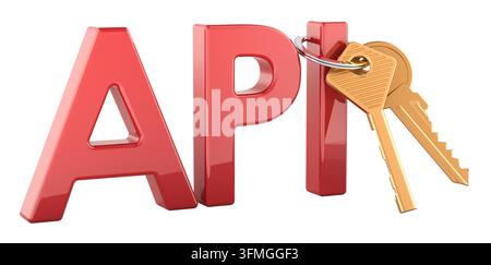 API keys with golden keyring. Authentication, access credentials, software integration and secure service connections, 3d rendering isolated on white background - Photomontage Stock Photo