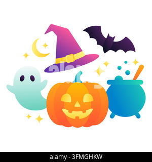 Colorful vector Halloween icon set featuring witch hat, jack-o-lantern pumpkin, cute ghost, bat, cauldron, moon and stars, isolated on white backgroun Stock Vector