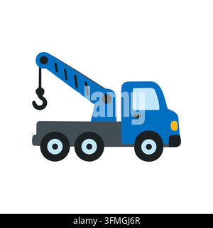 Cute flat vector illustration of a blue crane truck with a lifting hook, isolated on a white background. Perfect for children's designs, construction Stock Vector
