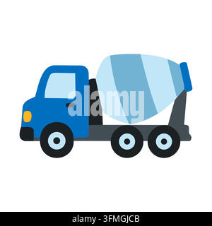Cute blue cement mixer truck in flat vector style isolated on white background. Perfect for children's design, educational materials, and construction Stock Vector