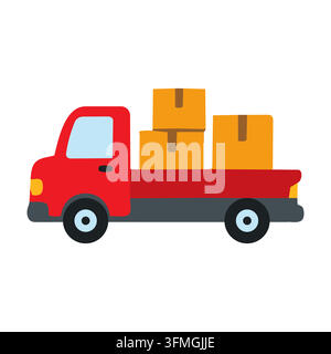 Vector illustration of a red delivery pickup truck carrying cardboard boxes, isolated on white background. Stock Vector