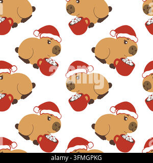 Capybara gift box seamless pattern red ribbon repeated presents Christmas, hand drawn vector repeat showing capybaras beside large wrapped boxes with Stock Vector