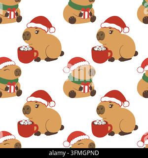 Capybara Santa scarf lights seamless pattern festive characters repeated Christmas, hand drawn vector repeat showing capybaras in red hats and striped Stock Vector