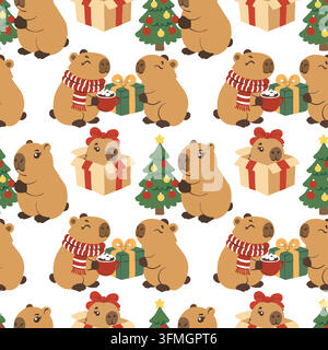 Capybara Christmas seamless pattern mixed characters gifts trees scarves ornaments, hand drawn vector repeat combining different capybara poses with Stock Vector
