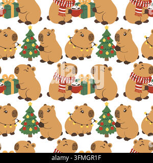 Capybara Christmas seamless pattern mixed scenes gifts trees scarves lights, hand drawn vector repeat combining several holiday characters, decorated Stock Vector