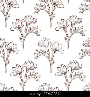 Freesia seamless pattern with small flowering branches and generous white space, hand drawn vector repeat showing separated floral groups with curved Stock Vector