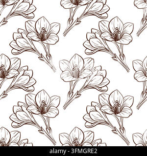 Freesia seamless pattern with large open flowers and curved leafy branches, hand drawn vector repeat featuring overlapping blossoms and varied Stock Vector