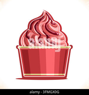 Vector illustration of Strawberry Ice Cream in paper cup, pink soft served ice cream in cardboard tub box for cafe menu, placard with vegan yogurt twi Stock Vector