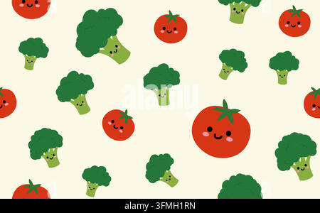 Seamless background with smiling kawaii broccoli and tomatoes for kids textiles and healthy food branding. Stock Vector