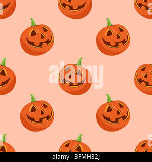 Seamless pattern with carved orange halloween pumpkins on light orange background flat Stock Vector