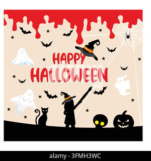 Happy Halloween elements. Funny collection of spooky ghosts, pumpkins, bats, candy, cats, skulls, spiders, graves, castles. flat vector modern illustr Stock Vector