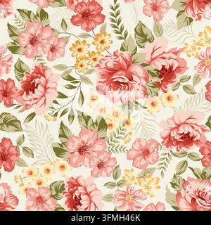 Seamless floral pattern featuring pink, yellow flowers and green leaves for textile or décor use Stock Vector