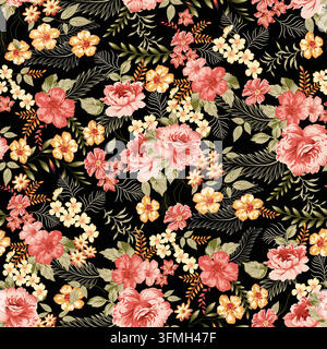 A seamless floral pattern featuring pink and yellow flowers on a black background. Stock Vector