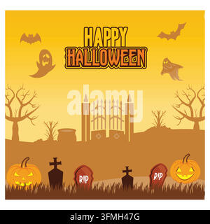 Horror tree tombstone gate, scary skeleton monster cute flying ghost. Panorama of Halloween cemetery. flat vector modern illustration Stock Vector