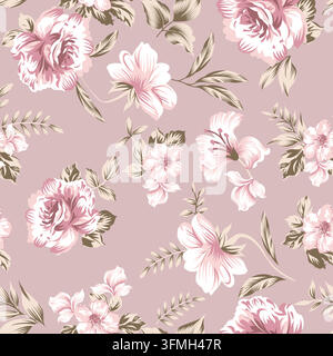 Seamless floral pattern with pink roses and leaves on a dusty pink background Stock Vector