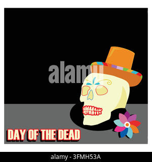 Human skull painted for Mexican Day of the Dead El Dia de Muertos, flowers and sombrero on light background. flat vector modern illustration Stock Vector