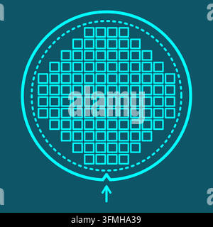 Silicon wafer line icon with orientation notch and die grid, black and white vector, part of the Semiconductor Manufacturing series Stock Vector