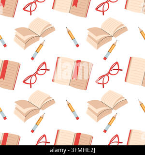 Seamless pattern with open books pencils and eyeglasses back to school backgroun flat Stock Vector
