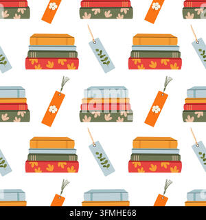 Seamless pattern with stacks of books and cute floral bookmarks vector background flat Stock Vector