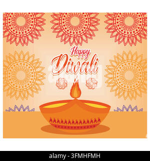 Greeting card of Diwali festival with stylish beautiful oil lamp and Diwali element. Flat vector modern illustration Stock Vector