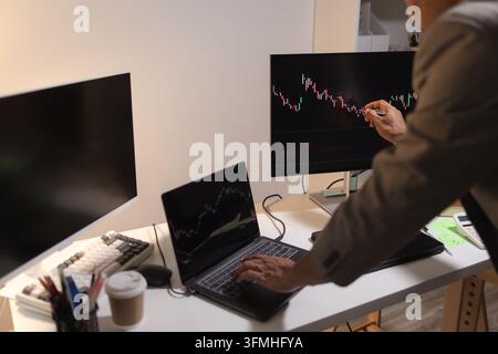 Professional financial analyst reviewing stock market charts across multiple screens using a tablet, laptop and calculator to evaluate price movements Stock Photo