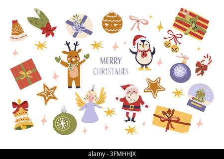 Cute christmas festive characters and icon set. Cartoon santa, angel, penguin, deer and gift boxes, bows and sweets. Hand drawn vector illustration is Stock Vector
